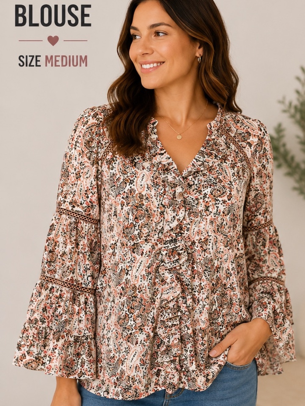 HAILEY & co Ruffled Paisley Button-Front Blouse - Cream with Pink & Black MEDIUM